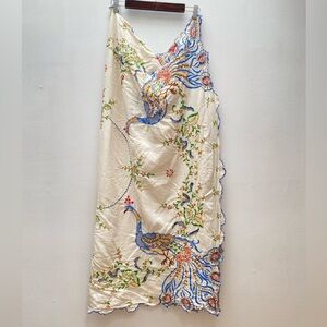 Vintage - Hand Embroidered Peacock Square Tablecloth Scalloped Edge